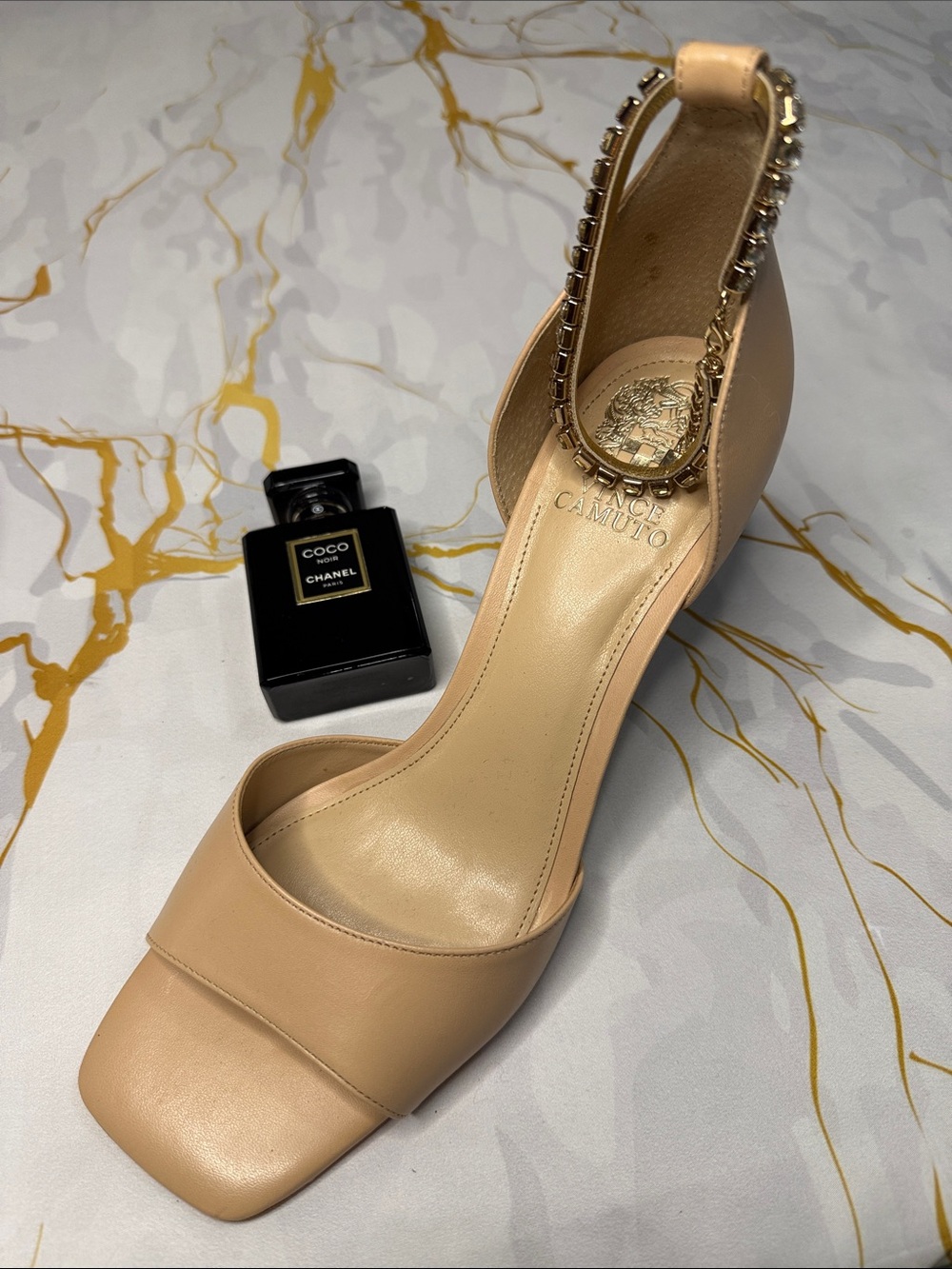 Vince Camuto Nude Tan Embellished Ankle-Strap Heels
